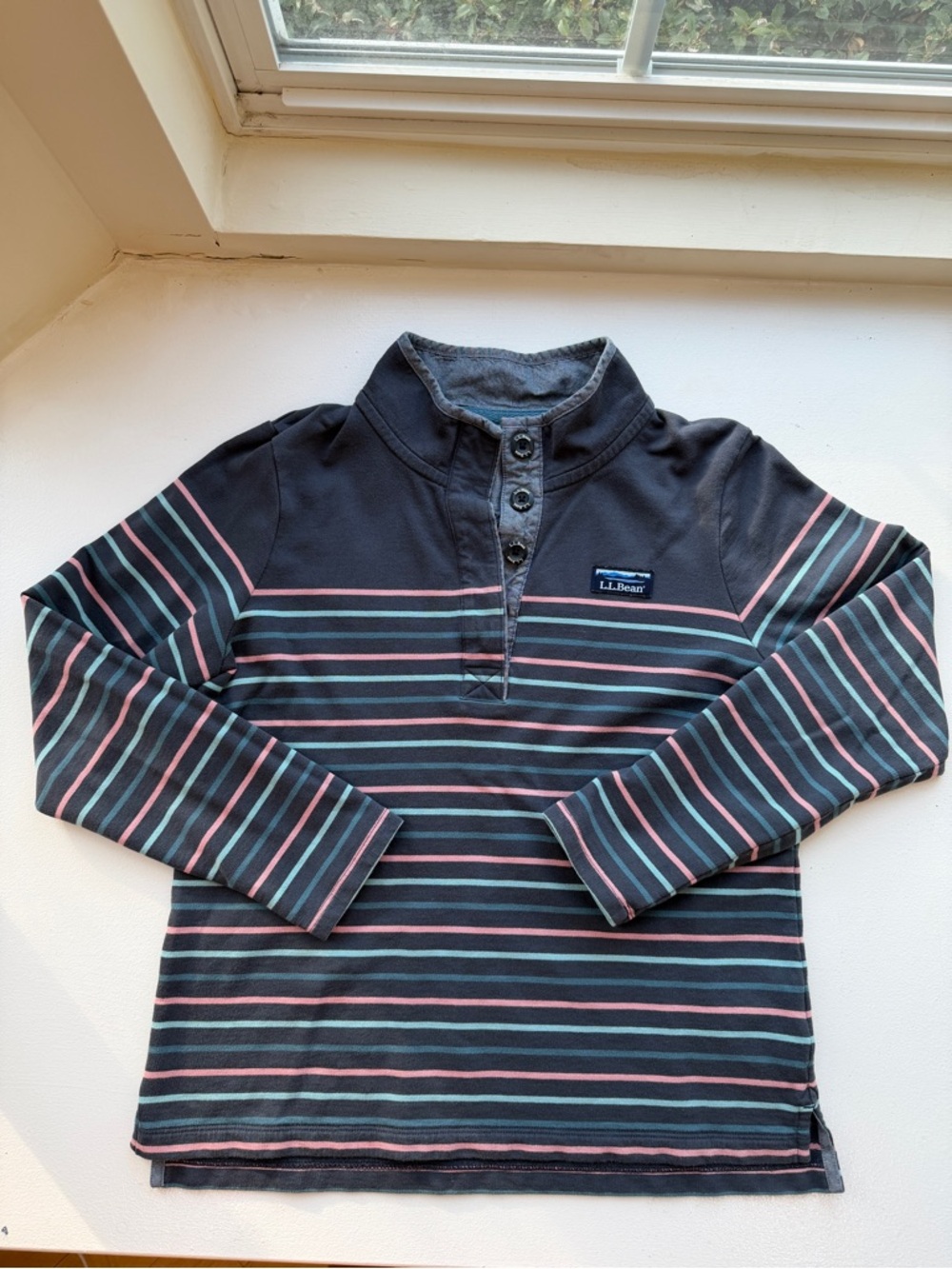 L.L. Bean Women’s Gray Stripe Button Cotton Rugby Henley Top Small Petite